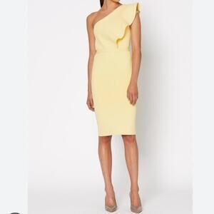 Scanlan Theodore crepe knit ruffle dress one shoulder lemon yellow spring summer